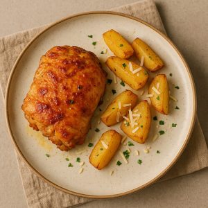 Ofengegarter Hähnchenschenkel mit Kartoffeln, Kräutern und geriebenem Kefalotyri