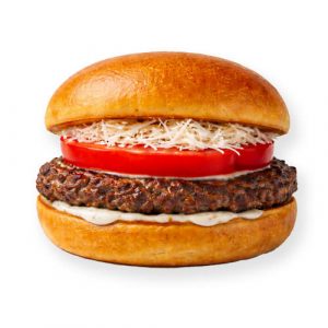 Golden Burger mit Rindfleisch, Parmesan und Tomate im Kartoffel-Brioche-Brötchen